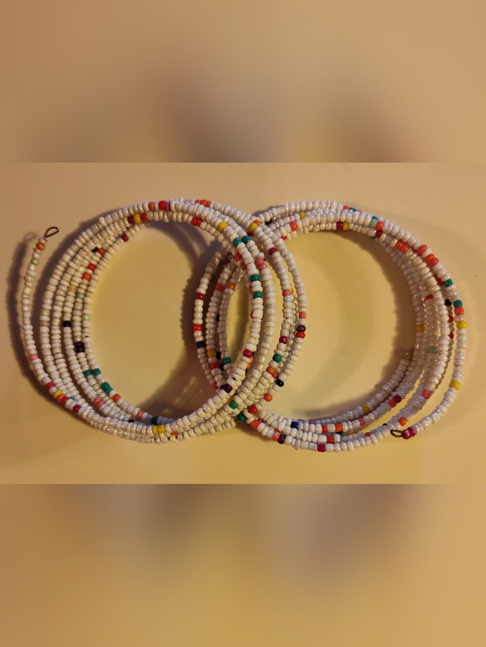 2 Handmade White Seed Bead Coil Bracelets with Multicolor Beaded Accents